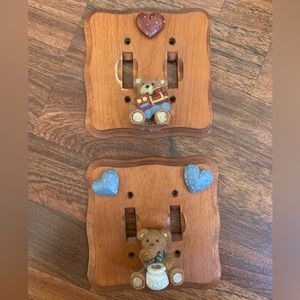 Lot of 2 Wood Teddy Bear Double Light Switch Plates Covers Nursery Bedroom